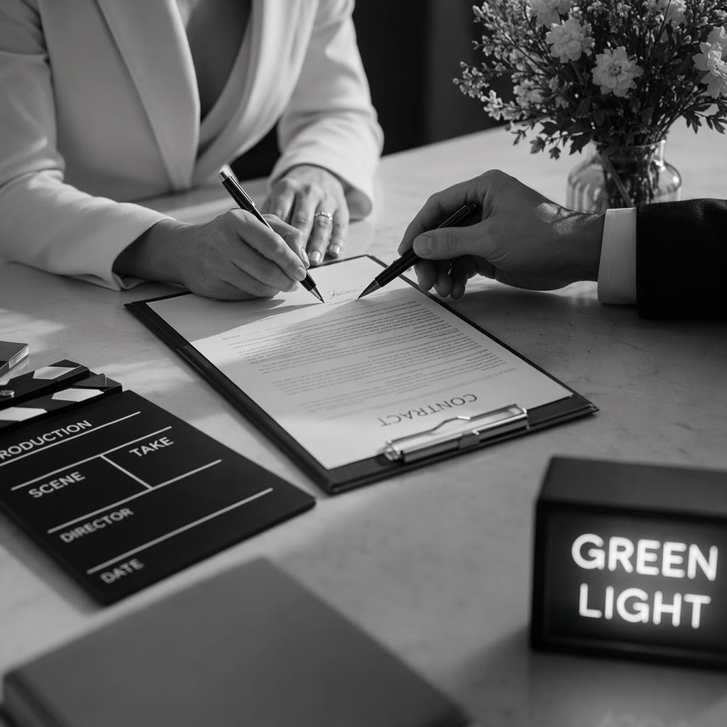 Подписание договора, рядом табличка Green light